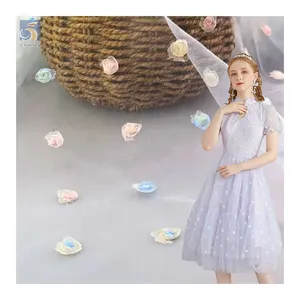 TDS005 Factory Wholesale 3D Small Rose Floral Embroidered Tulle Mesh Fabric Lace Kids Skirt Fabric