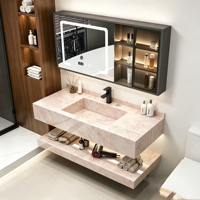 Ensemble de meuble-lavabo de salle de bain moderne de luxe en pierre frittée rose, résistant à l'eau, avec comptoir flottant pour villa et appartement