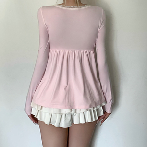 T-shirt rose à pois respirant et écologique pour femme, avec dentelle sexy, col en V et liens, coupe ample - Product Image 6