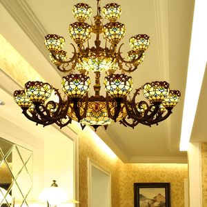 Blue Tiffany Bowl Chandelier 3 Tiers <strong>Upward</strong> <strong>Lighting</strong> Bedroom Living Room Hanging <strong>Lighting</strong> in Bronze Finish - Product Image 5