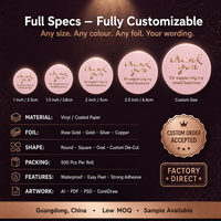 Autocollant UV auto-adhésif en gros, impression personnalisée 'Merci', autocollant en papier étanche avec feuille d'or rose pour petites entreprises
