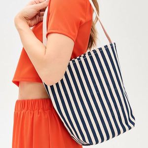 Casual Striped Embroidery Cotton Canvas Tote <b>Bag</b> for Women Custom DIY Open Top Tie Closure Portable <b>Summer</b> Winter Spring Travel - Product Image 1