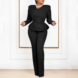 Ensemble automne-hiver, nouvelle mode <span class=keywords><strong>OL</strong></span>, haut à volants à col en V et pantalon, ensemble deux pièces pour l'Europe et l'Amérique - Product Image 4