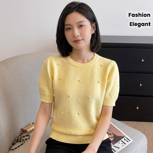 Pull en maille perlée pour femme 2026, manches courtes, épaules bouffantes, jaune beurre, col rond, en mélange de trois fibres, chic et décontracté - Product Image 4