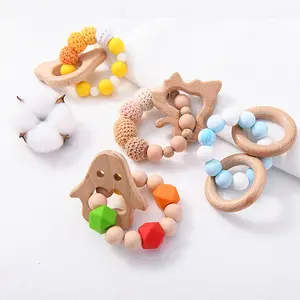 Pulseras de cuentas de madera con diseño de dentición de animales para bebé, brazaletes de cuentas de arcoíris para niño, conjunto de pulsera para bebé, 2022