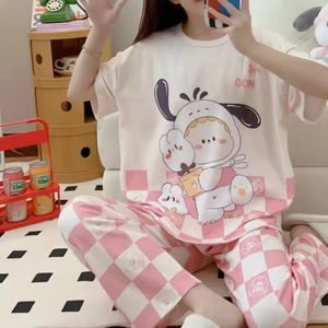 Ensemble pyjama d'été deux pièces pour femme, motif dessin animé, manches courtes, pantalon, col rond, tenue de nuit et d'intérieur - Product Image 5