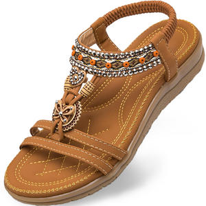 Sandalias de <span class=keywords><strong>Mujer</strong></span>, Planas para Caminar, Sandalias de Playa de Verano, con Soporte de Arco, Zapatos Casuales Elegantes, con Correa Elástica en el Tobillo, Zapatos Bohemios con Joyas - Product Image 1