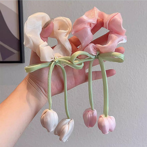 Set <span class=keywords><strong>de</strong></span> Lazos para el Cabello Hechos a Mano con Diseño Romántico Francés, con Flores <span class=keywords><strong>de</strong></span> Tulipán, Borlas y Lazos <span class=keywords><strong>de</strong></span> Satén, Estilo Coquette - Product Image 1