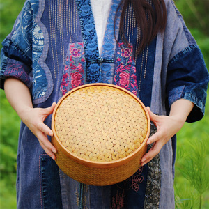<b>Bamboo</b> Woven Storage Box Round Double Tier Handmade Kitchen Food <b>Container</b> - Product Image 4