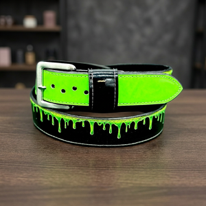 Ceinture de baseball réversible en cuir de vachette avec imprimé goutte de peinture vert fluo, base noire, boucle rectangulaire argentée, style décontracté - Product Image 3