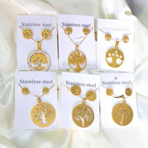 Collier et boucles d'oreilles personnalisés en acier inoxydable, forme ronde creuse, motif Arbre de Vie, ensembles de bijoux très demandés - Product Image 2