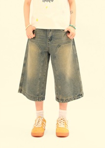 Wholesale <strong>Custom</strong> Denim Shorts Acid Washed Vintage Color Customizable <strong>Labels</strong> Zipper Fly Pants Splice Sun Faded <strong>Jeans</strong> for Women - Product Image 3