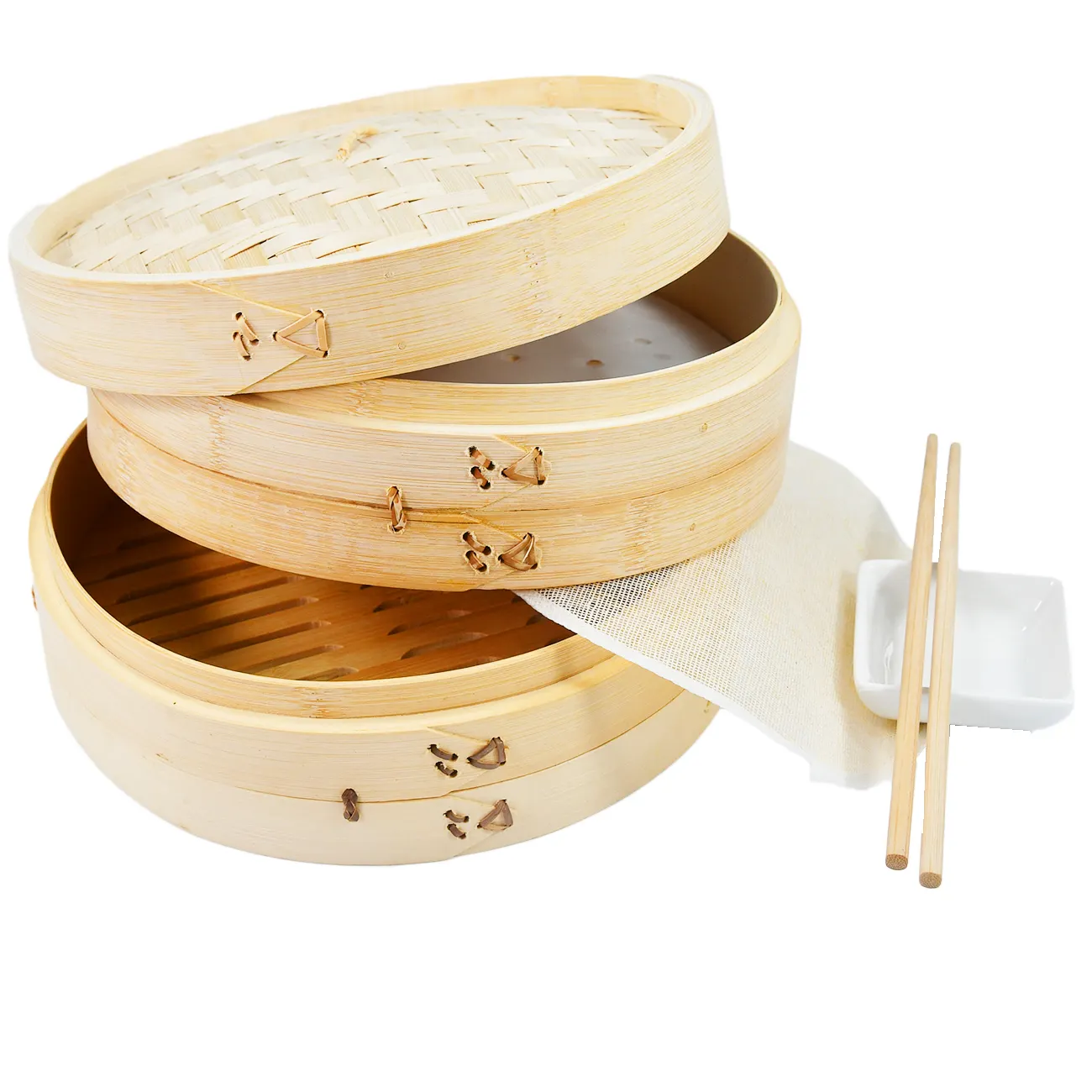 Keranjang Kukus Bambu 10 Inci, Alat Kukus Makanan 2 Tingkat dengan 2 Set Sumpit