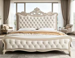 Premium Queen Size Cream Tufted <b>Bed</b> With Ornate Carved Floral Headboard & Nailhead Trim For Luxury Bedroom - Product Image 4