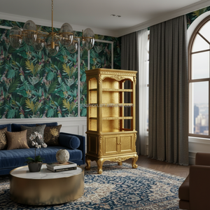 Librería Abierta Clásica Rococó Tallada a <span class=keywords><strong>Mano</strong></span> y Dorada con Puertas de Almacenamiento y Patas Cabriolé para Sala de Estar - Product Image 4