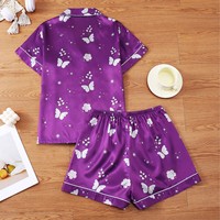 Ensemble de pyjama d'été pour femmes, respirant, en satin, col rabattu, imprimé papillon et fleurs, manches courtes, shorts, ODM