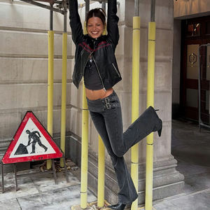 Pantalones Vaqueros Ajustados de Cintura Alta con Hebilla de Anillo en D de Metal Ajustable, Estilo Retro Y2K, Color Gris Oscuro Elástico - Product Image 6