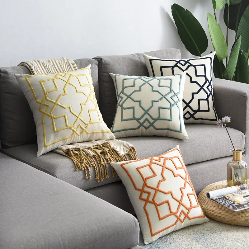 Modern Fancy 3D Embroidery Design Cotton Vintage Geometric Sofa Pillow Cushion Cover