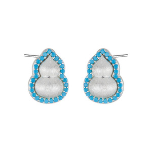 Chinese Style Gourd <b>Stud</b> <b>Earrings</b> S925 Silver <b>Blue</b> Turquoise Inlay Everyday Wear - Product Image 5