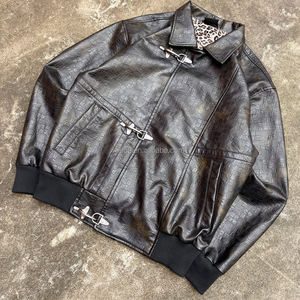 Giacca in Pelle Antivento Personalizzata con Fibbia da Pompiere, Cappotto Casual di Alta Qualità con Cerniera, Giacche da Uomo alla Moda con Fodera Leopardata - Product Image 3