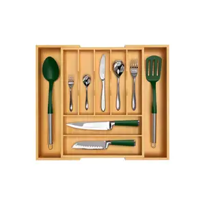 豪华银色竹抽屉储物盒餐具架托盘带凹槽餐具和厨房用具木质材料