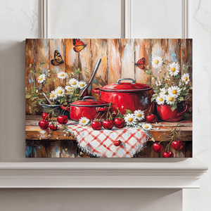 Lienzo de naturaleza muerta de cocina rústica con marco estirado, 1 unidad: Flores, cerezas y utensilios, ilustraciones impresas para decoración del hogar - Product Image 3