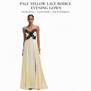 Abito da sera giallo pallido con corpetto in pizzo, scollo a V, spalline sottili, spacco alto, pieghe laterali, per gala, ballo di fine anno, feste, personalizzabile OEM/ODM - Product Image 1