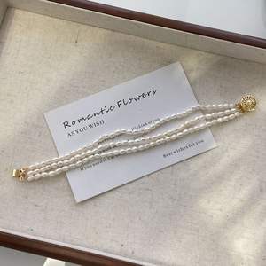 Bracelet en perles de riz blanc fait main 2025, trois couches, 3-4 mm, collier de perles d'eau douce pour femmes, propre, 18 cm de circonférence de la main - Product Image 3