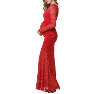 Vestido de noche maxi de maternidad de manga larga personalizado <span class=keywords><strong>para</strong></span> mujer vestido de baile elegante de encaje de ganchillo recortado ajustado <span class=keywords><strong>para</strong></span> mujeres <span class=keywords><strong>embarazadas</strong></span> - Product Image 3