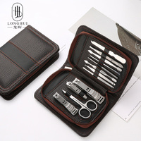 Longhui – Kit de manucure et pédicure haut de gamme 12 pièces en acier inoxydable marron foncé avec étui zippé – Outils de soin des ongles et beauté