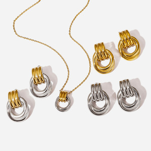 Geometric Ring Layered <b>Necklace</b> Earrings Set Stainless Steel Unisex Jewelry - Product Image 1