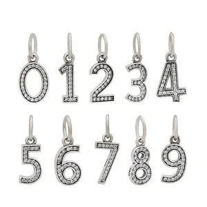 Angka 0 1 2 3 4 5 6 7 8 9 jimat 925 perak murni liontin sederhana cocok gelang asli kalung manik-manik untuk membuat perhiasan