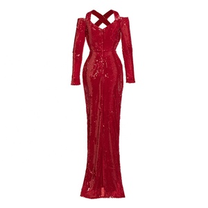 Usine de broderie faite à la main robes de soirée de haute qualité <span class=keywords><strong>dr</strong></span> robes de soirée de haute qualité <span class=keywords><strong>dr</strong></span> LF2036C robe de soirée rouge à paillettes entrecroisées licou robe à manches longues sirène fendue découpe épaule moulante coupe ajustée robe de soirée brillante robe de soirée à la mode robe de soirée tendance de la mode robes de soirée sur mesure - Product Image 6