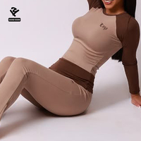 Ensemble de yoga côtelé deux pièces pour femme : haut court à manches raglan color block personnalisé et pantalon évasé – Tenue de sport et de détente