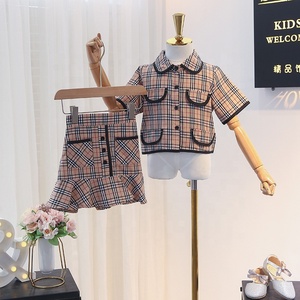 hermoso nuevo diseño niños <span class=keywords><strong>chica</strong></span> Retro cuadros de manga corta Camisa de traje de falda Crop Top y falda conjunto - Product Image 3