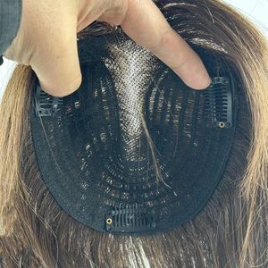 Topper de cheveux en silicone brun foncé <span class=keywords><strong>pour</strong></span> femmes, avec clip, base en <span class=keywords><strong>filet</strong></span>, <span class=keywords><strong>postiche</strong></span> <span class=keywords><strong>pour</strong></span> cheveux clairsemés, toupet naturel en cheveux humains - Product Image 6