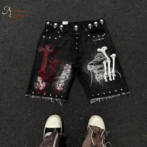 شورت جينز رجالي صيفي مخصص بتصميم ممزق ومرقع وغسيل قديم، شورت جينز فضفاض للرجال - Product Image 1