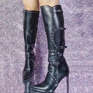 Size 47 Women's Rivets Knee High <b>Boots</b> Pointed Toe Buckles Long Booties Dress Stiletto Thin Heels Wide Fit Shoes - Product Image 3