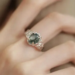 Moss Agate High Quality Rings Personal Vintage Texture Rings S925 Antique Silver Rings For Women
