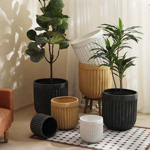 Vaso per Fiori in Argilla di Magnesio Extra-Large con Motivo Verticale Imitazione Cemento, Stile Nordico per Piante Verdi e Ficus Paradiesis - Product Image 1