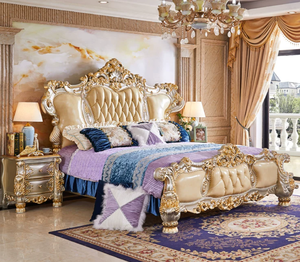 Vintage Royal Classic Bedroom Set <b>High</b>-end <b>Top</b> Layer Beige Leather Wood <b>Bed</b> - Product Image 4