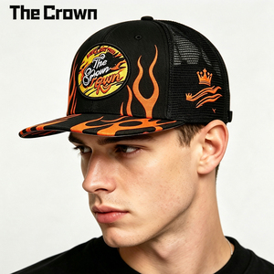Casquette Trucker Personnalisée de Haute Qualité avec Imprimé Flamme, Patch Tissé, Broderie, Visière Plate, Snapback, Dos en Maille, Noir Orange - Product Image 1