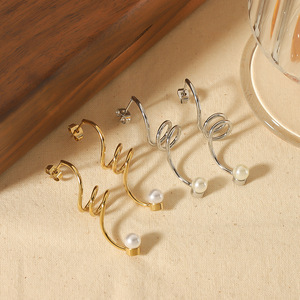 Pendientes de clip con perlas en espiral geométrica, chapados en oro de 18 quilates, de acero inoxidable, para mujer, joyería de moda para fiestas. - Product Image 1