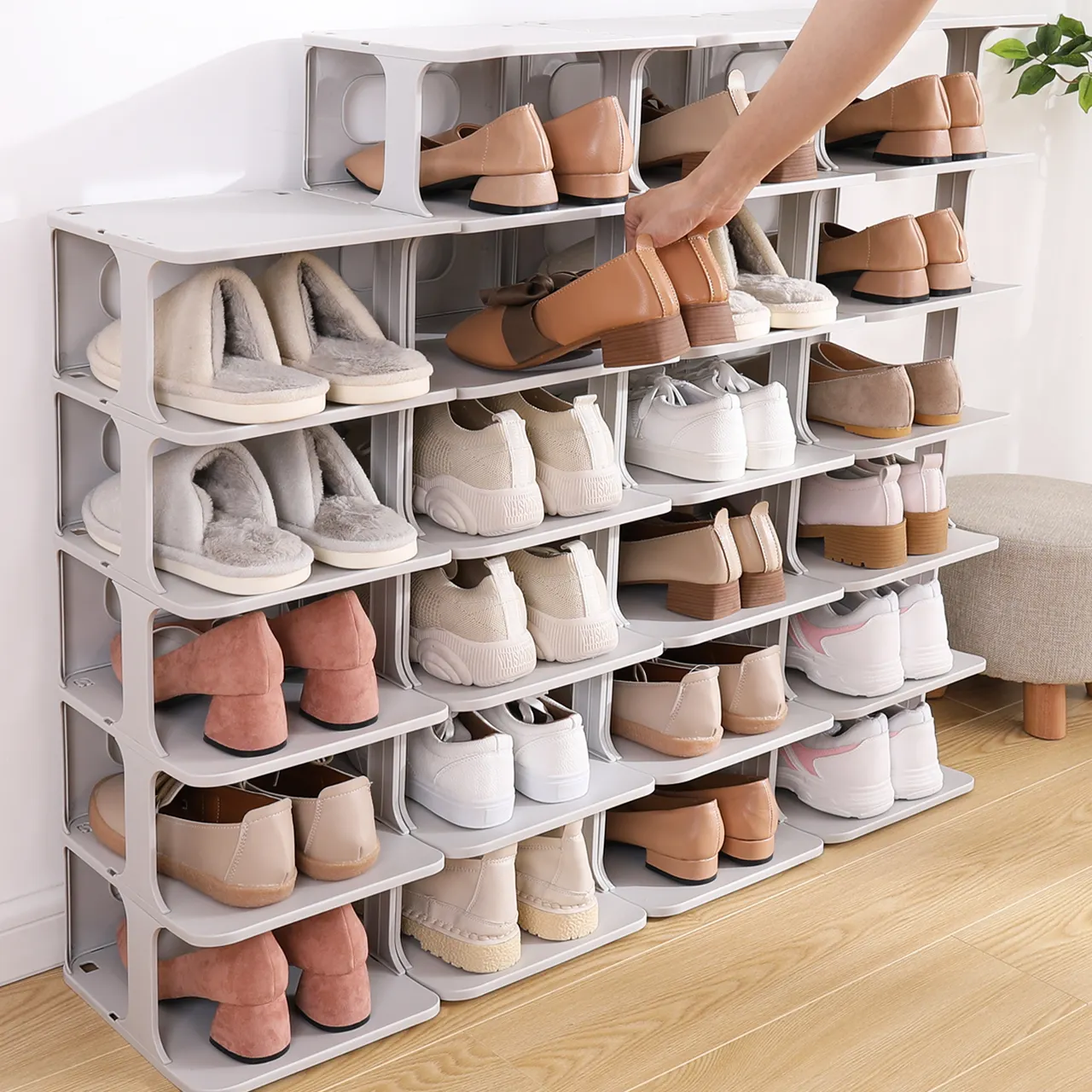 HAIXIN 3-in-2 Kunststoff-Schuhregal Schuhlager Organisatoren DIY Kunststoff mehrschichtige Schuhregal