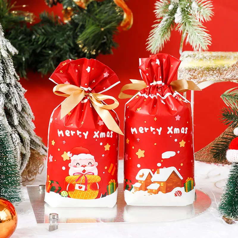 Small MOQ foil drawstring merry christmas santa candy party gift big plastic string bags bulk storage cookie sticking