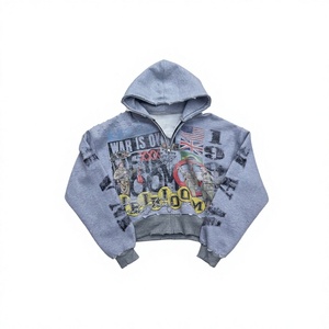 Sweat à capuche zippé oversize pour homme, style streetwear, coupe courte, imprimé graphique, gris, en coton French Terry, style automne - Product Image 1