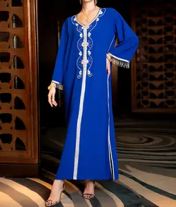 Blauwe Lange Mouw Vrouwen Abaya Moslim Elegante Avondjurken Voor Dames Feest Bruidsjurken