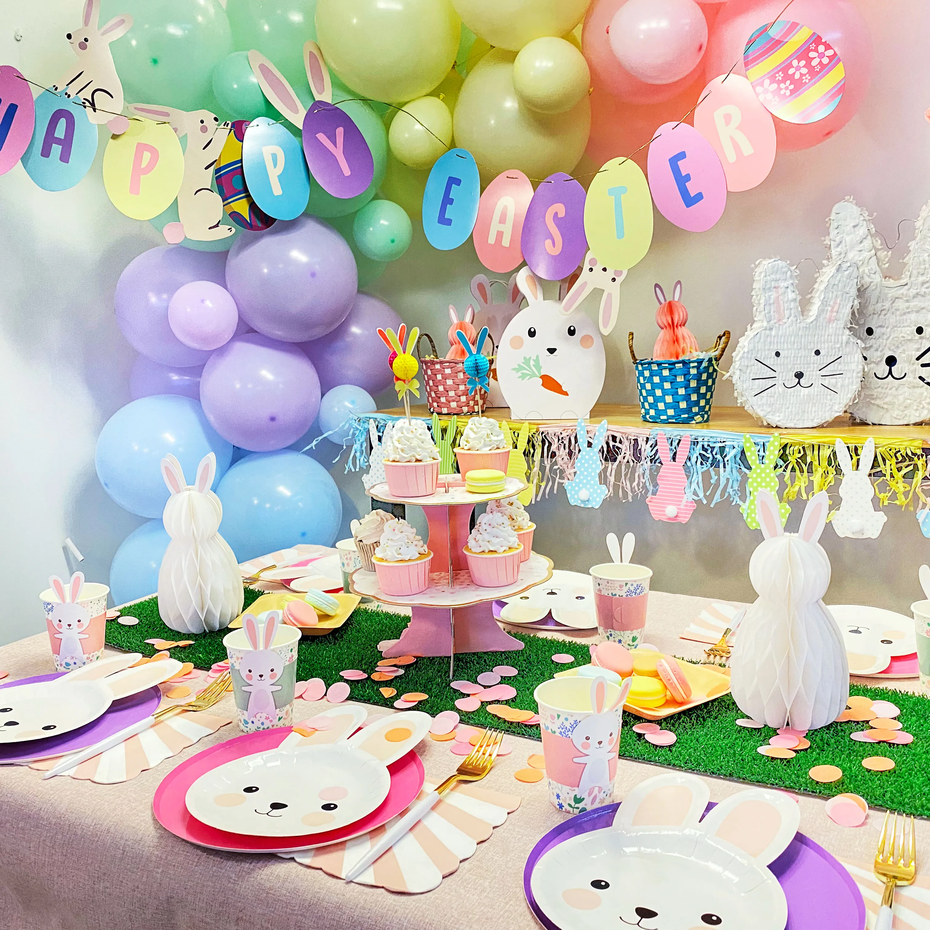 Ostern Bunny Kaninchen Mädchen Geburtstag Ei jagd spiel tasche Kinder Party Einweg Geschirr set serviette tasse tissue