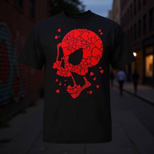 T-shirt Heart Burst Skull, design nero e rosso, grafica, vestibilità unisex - Product Image 3