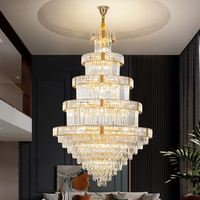 Lustre moderne en cristal doré en fer avec angle de faisceau de 360 degrés pour plafond haut, duplex, villa, hall, salon